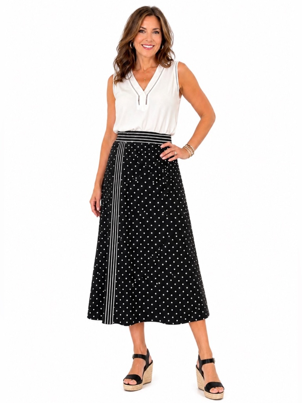 Robert Louis 2X Plus Size Black White Polka Dot A-Line Midi Skirt Elastic Waist